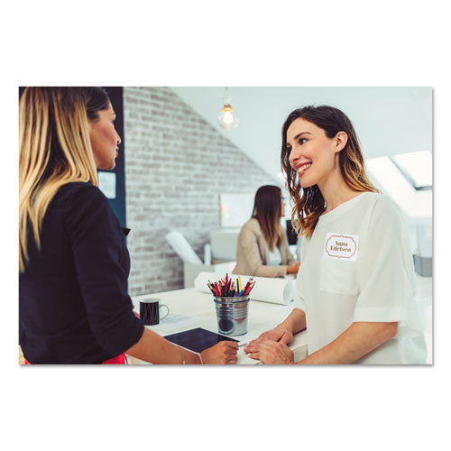 Flexible Adhesive Name Badge Labels, 3 3/8 X 2 1/3, White/gold Border, 120/pk.