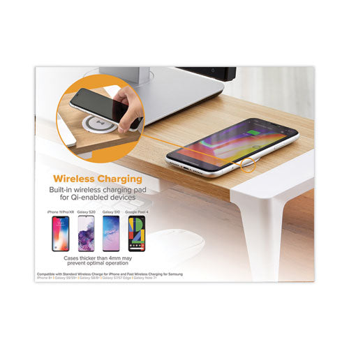 Wooden Monitor Stand With Wireless Charging Pad, 9.8" X 26.77" X 4.13", White.