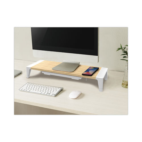 Wooden Monitor Stand With Wireless Charging Pad, 9.8" X 26.77" X 4.13", White.