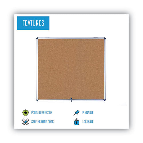 Slim-line Enclosed Cork Bulletin Board, One Door, 47 X 38, Tan Surface, Aluminum Frame.