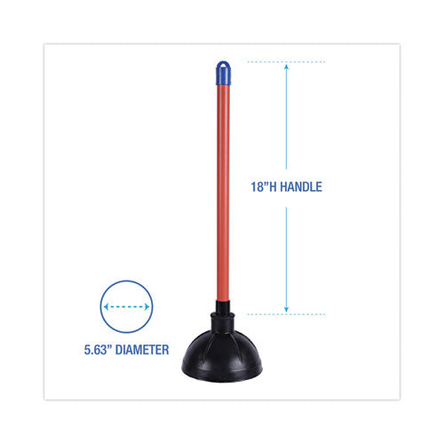Toilet Plunger, 18" Plastic Handle, 5.63" Dia, Red/black.