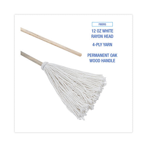Handle/deck Mops, #12 White Rayon Head, 48" Natural Wood Handle, 6/pack.