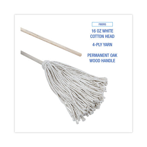 Handle/deck Mops, #16 White Cotton Head, 48" Natural Wood Handle.