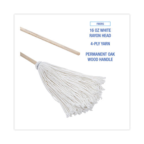 Handle/deck Mops, #16 White Rayon Head, 48" Natural Wood Handle.