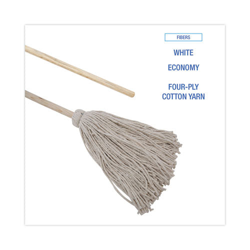 Handle/deck Mops, #24 White Cotton Head, 54" Natural Wood Handle, 6/pack.