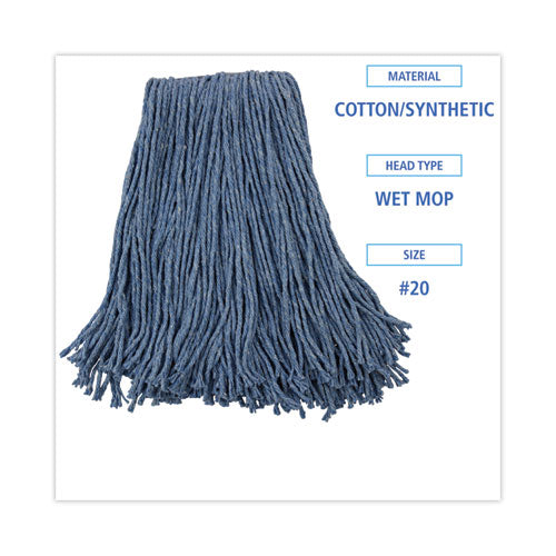 Mop Head, Standard Head, Cotton/synthetic Fiber, Cut-end, #20, Blue, 12/carton.