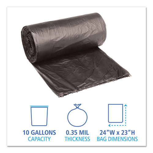 Low-density Waste Can Liners, 10 Gal, 0.35 Mil, 24" X 23", Black, Perforated Roll, 50 Bags/roll, 10 Rolls/carton.