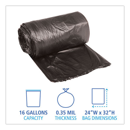 Low-density Waste Can Liners, 16 Gal, 0.35 Mil, 24" X 32", Black, Perforated Roll, 50 Bags/roll, 10 Rolls/carton.