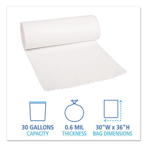 Low-density Waste Can Liners, 30 Gal, 0.6 Mil, 30" X 36", White, Perforated Roll, 25 Bags/roll, 8 Rolls/carton.