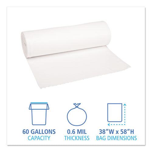 Low-density Waste Can Liners, 60 Gal, 0.6 Mil, 38" X 58", White, Perforated Roll, 25 Bags/roll, 4 Rolls/carton.
