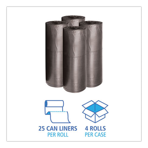 Low-density Waste Can Liners, 60 Gal, 0.65 Mil, 38" X 58", Black, Perforated Roll, 25 Bags/roll, 4 Rolls/carton.