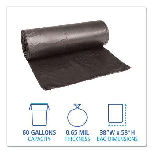 Low-density Waste Can Liners, 60 Gal, 0.65 Mil, 38" X 58", Black, Perforated Roll, 25 Bags/roll, 4 Rolls/carton.