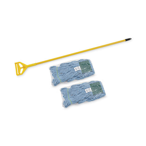 Looped End Mop Kit, Medium Blue Cotton/rayon/synthetic Head,60" Yellow Metal/polypropylene Handle