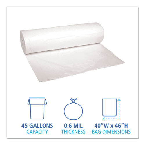Low-density Waste Can Liners, 45 Gal, 0.6 Mil, 40" X 46", White, Perforated Roll, 25 Bags/roll, 4 Rolls/carton.