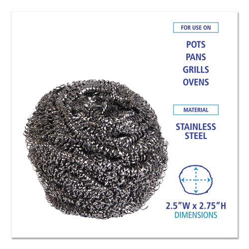 Stainless Steel Scrubber, Large Size, 2.5 X 2.75, Steel Gray, 12/carton.