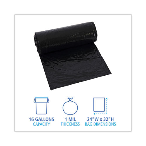 Low-density Waste Can Liners,16 Gal, 1 Mil, 24" X 32", Black, Perforated Roll, 10 Bags/roll, 15 Rolls/carton