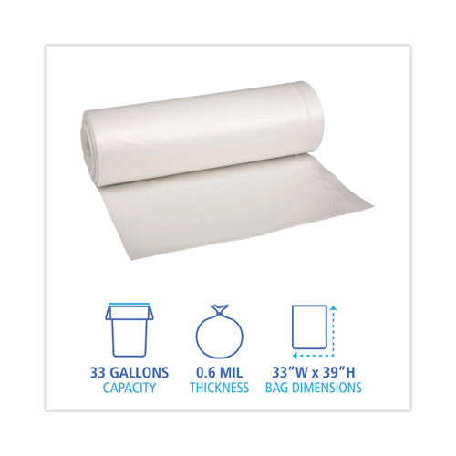 Low-density Waste Can Liners,33 Gal, 0.6 Mil, 33" X 39", White, Perforated Roll, 25 Bags/roll, 6 Rolls/carton