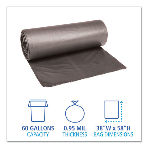 Low-density Waste Can Liners, 60 Gal, 0.95 Mil, 38" X 58", Gray, Perforated Roll, 25 Bags/roll, 4 Rolls/carton.