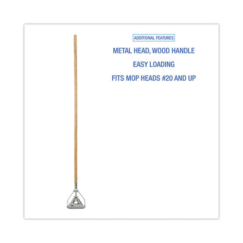Quick Change Metal Head Wooden Mop Handle, Junior, 0.88" Dia X 54", Natural.