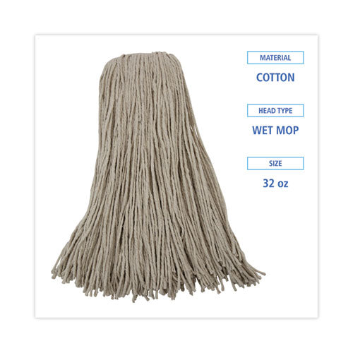 Mop Head, Cotton, Cut-end, White, 4-ply, 32oz, 12/carton.