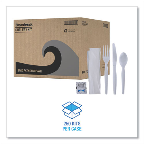 Six-piece Cutlery Kit, Condiment/fork/knife/napkin/spoon, Heavyweight, White, 250/carton.