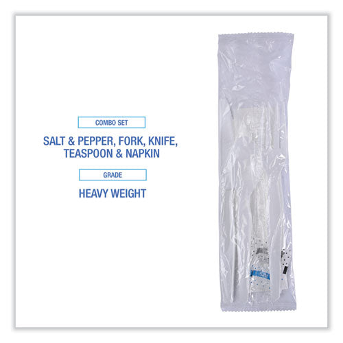 Six-piece Cutlery Kit, Condiment/fork/knife/napkin/spoon, Heavyweight, White, 250/carton.