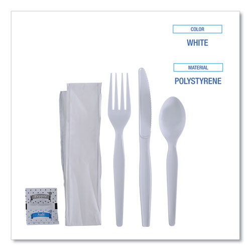 Six-piece Cutlery Kit, Condiment/fork/knife/napkin/spoon, Heavyweight, White, 250/carton.