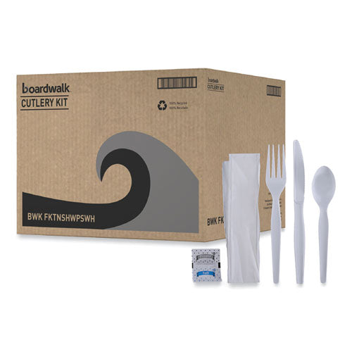 Six-piece Cutlery Kit, Condiment/fork/knife/napkin/spoon, Heavyweight, White, 250/carton.