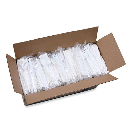 Six-piece Cutlery Kit, Condiment/fork/knife/napkin/spoon, Heavyweight, White, 250/carton.