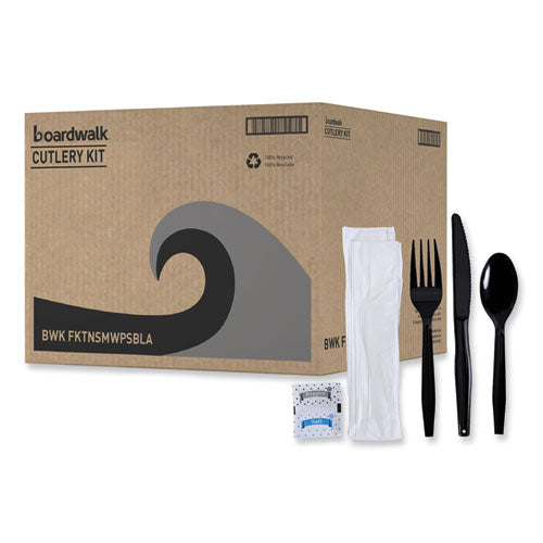 Six-piece Cutlery Kit, Condiment/fork/knife/napkin/teaspoon, Black, 250/carton