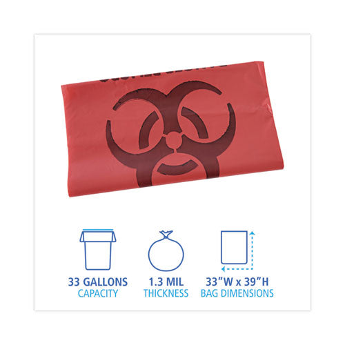 Linear Low Density Health Care Trash Can Liners,33 Gal, 1.3 Mil, 33" X 39", Red, Flat Pack, 150/carton