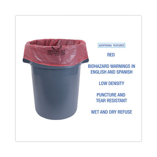 Linear Low Density Health Care Trash Can Liners, 45 Gal, 1.3 Mil, 40 X 46, Red, 100/carton