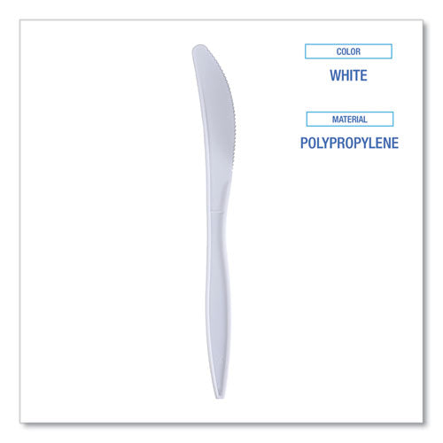 Mediumweight Wrapped Polypropylene Cutlery, Knives, White, 1,000/carton.