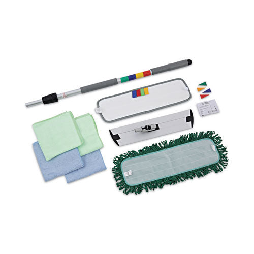 Microfiber Cleaning Kit, 18" Wide Blue/green Microfiber Head, 35" To 60" Gray Aluminum Handle.