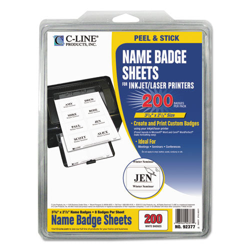 Laser Printer Name Badges, 3 3/8 X 2 1/3, White, 200/box.