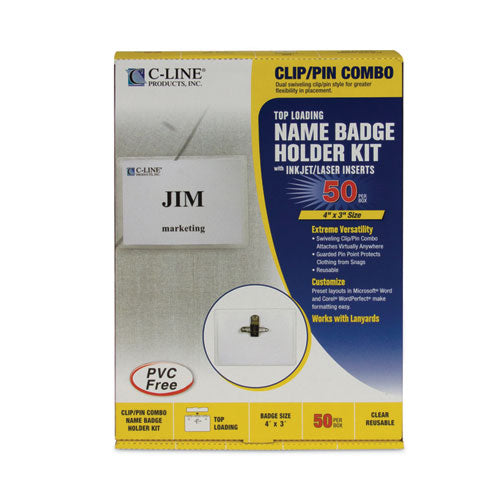 Name Badge Kits, Top Load, 4 X 3, Clear, Combo Clip/pin, 50/box.