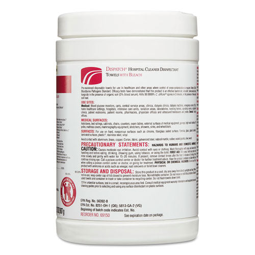 Dispatch Cleaner Disinfectant Towels, 1-ply, 6.75 X 8, Unscented, White, 150/canister, 8 Canisters/carton.