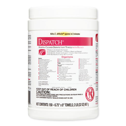 Dispatch Cleaner Disinfectant Towels, 1-ply, 6.75 X 8, Unscented, White, 150/canister, 8 Canisters/carton.