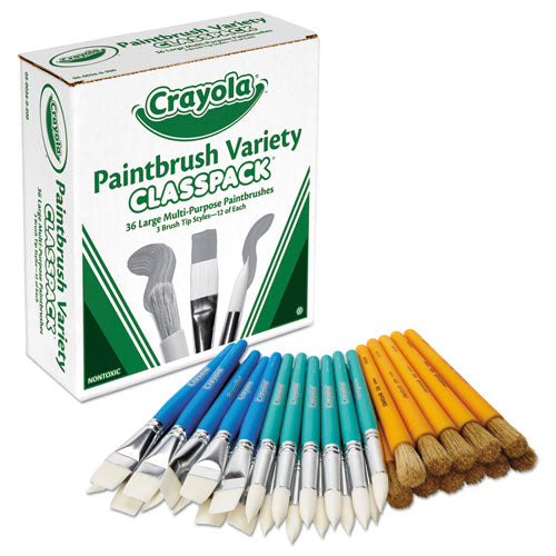 Large Variety Paint Brush Classpack, Natural; Nylon Bristles, Flat; Round Profiles, 36/set.