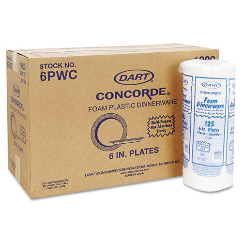 Concorde Foam Plate, 6" Dia, White, 1,000/carton.