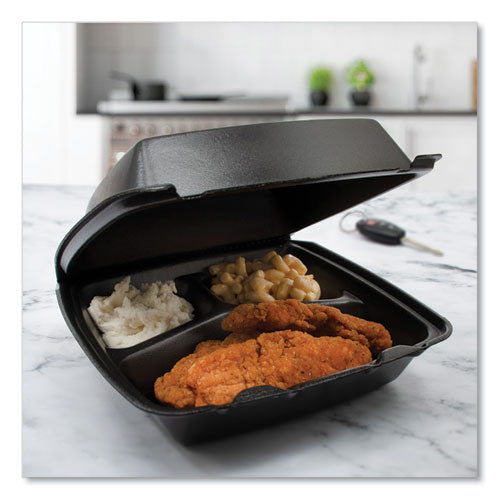 Insulated Foam Hinged Lid Containers, 3 Compartments, 7.96 X 3.2 X  8.36, Black, Foam, 200/carton