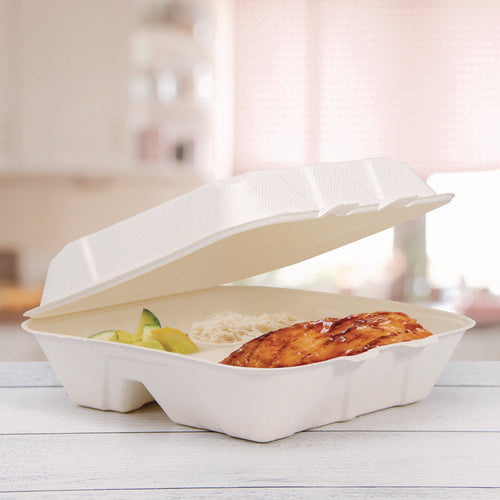 Compostable Fiber Hinged Trays, Proplanet Seal, 3-compartment, 9.25 X 9.45 X 2.17, Ivory, Molded Fiber, 200/carton