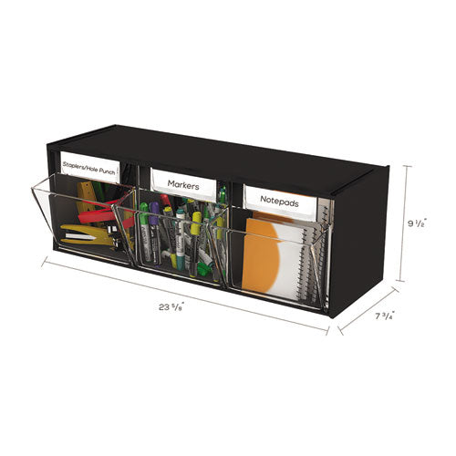 Tilt Bin Interlocking Multi-bin Storage Organizer, 3 Sections, 23.63" X 7.75" X 9.5", Black/clear.