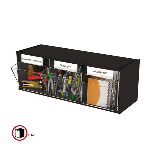 Tilt Bin Interlocking Multi-bin Storage Organizer, 3 Sections, 23.63" X 7.75" X 9.5", Black/clear.