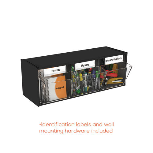 Tilt Bin Interlocking Multi-bin Storage Organizer, 3 Sections, 23.63" X 7.75" X 9.5", Black/clear.