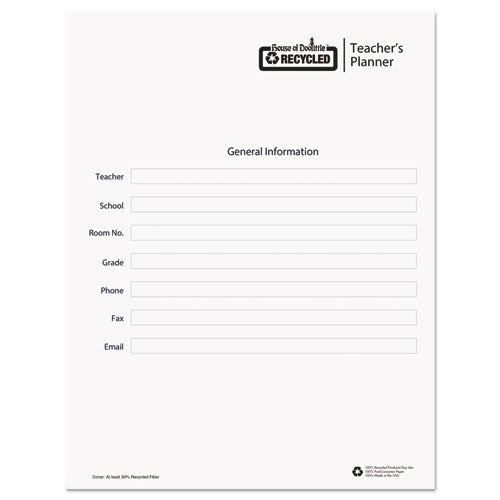 Recycled Teacher's Planner, Weekly, Two-page Spread (seven Classes), 11 X 8.5, Blue Cover.