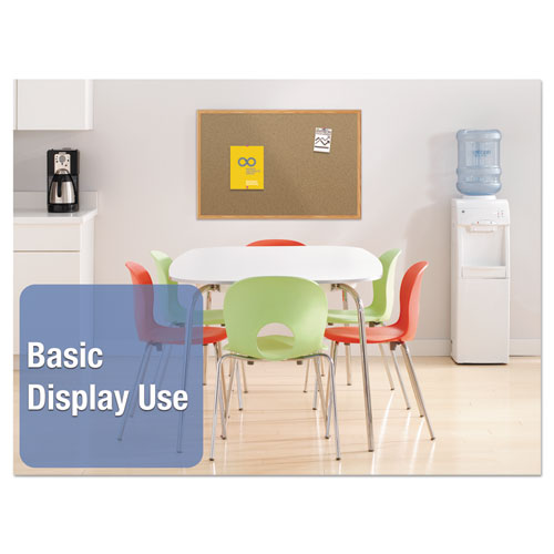 Economy Cork Board With Oak Frame, 48 X 36, Tan Surface, Oak Fiberboard Frame.