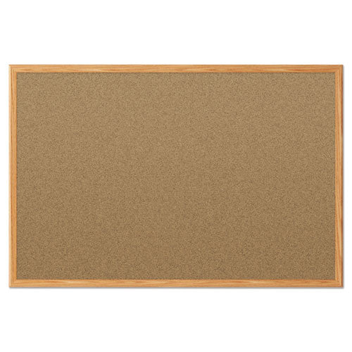 Economy Cork Board With Oak Frame, 48 X 36, Tan Surface, Oak Fiberboard Frame.