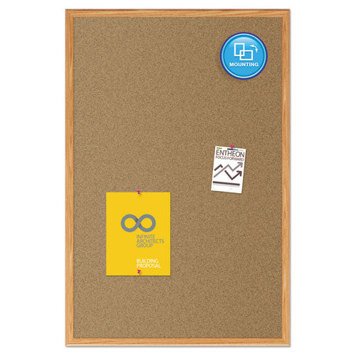 Economy Cork Board With Oak Frame, 48 X 36, Tan Surface, Oak Fiberboard Frame.