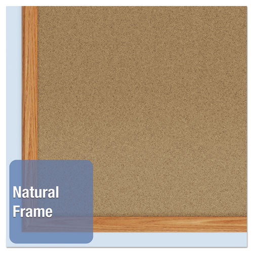 Economy Cork Board With Oak Frame, 48 X 36, Tan Surface, Oak Fiberboard Frame.
